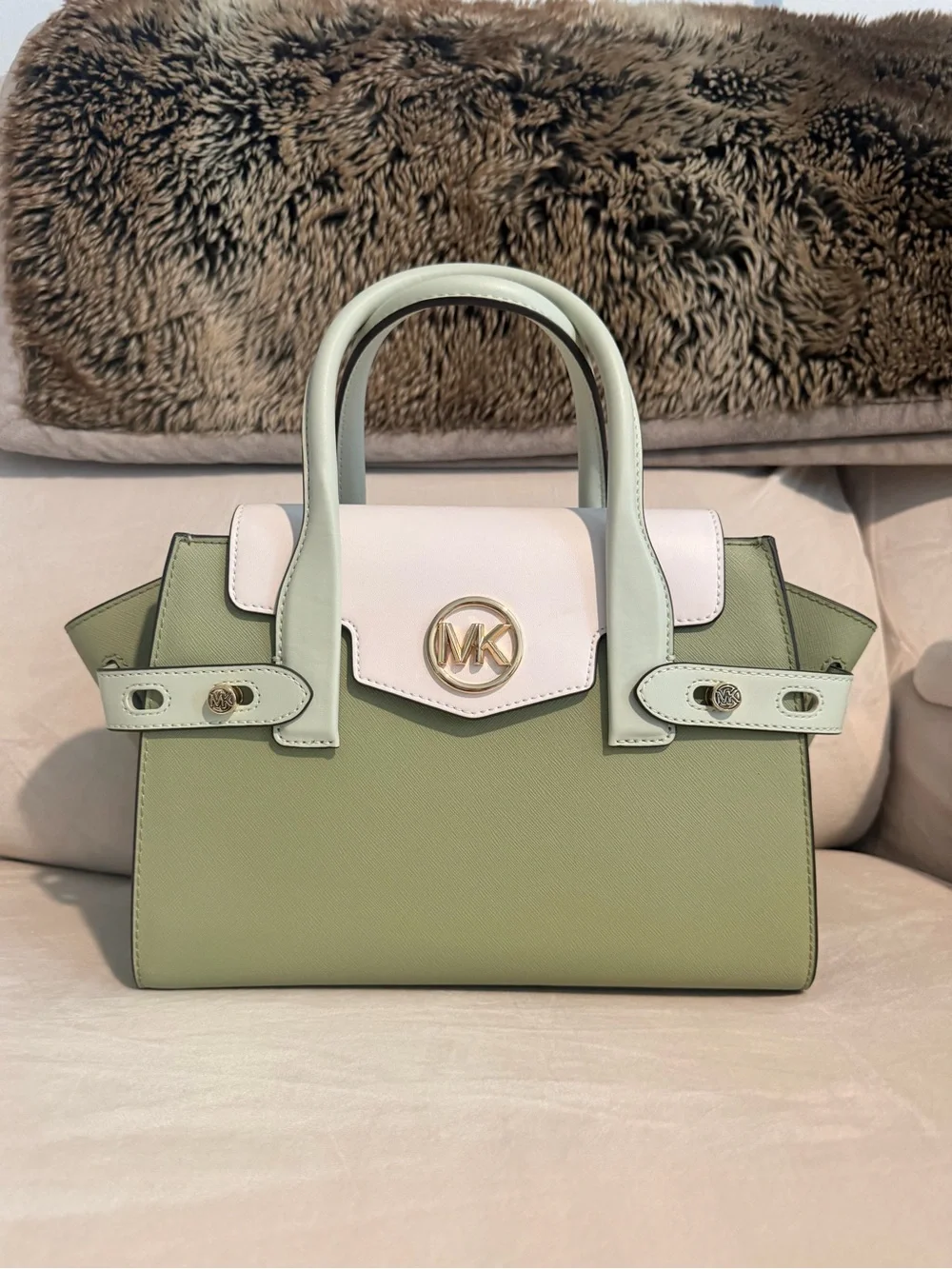 Michael Kors Carmen Medium Green and Cream Satchel